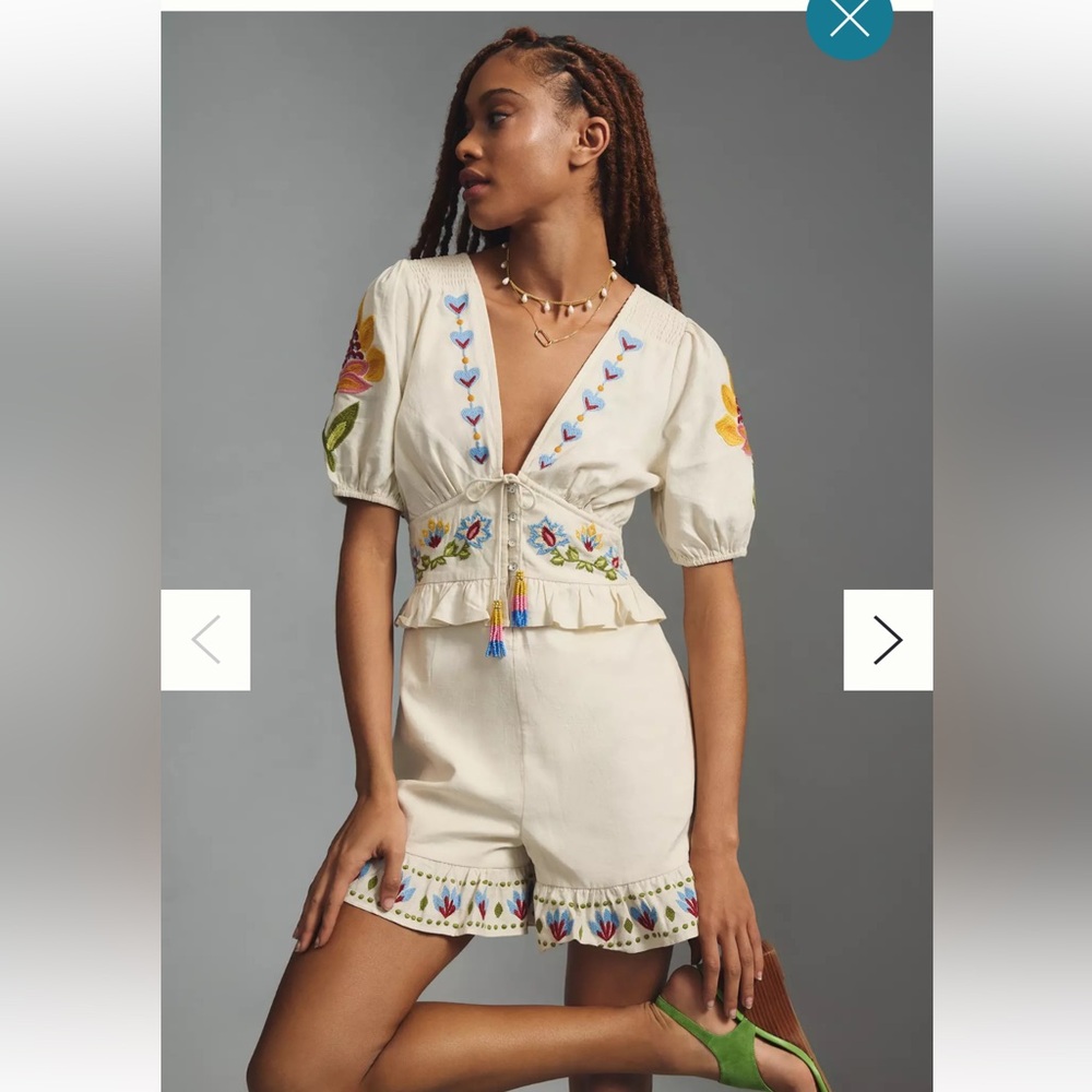 FARM Rio Cream Embroidered V-Neck Short Jumpsuit with Puff Sleeves